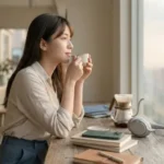一位穿著時尚、妝容精緻的年輕亞洲。女性坐在現代咖啡廳，雙手端著精緻咖啡杯，專注地眺望窗外的繁華都市景觀，包括遠處的台北101午大樓